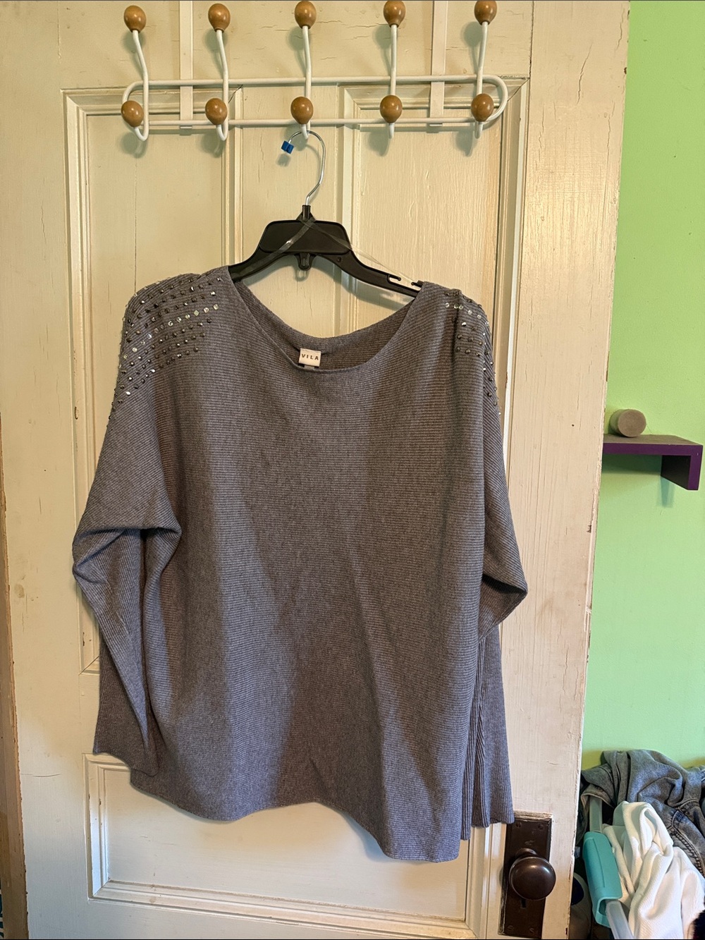 VILA Gray Knit Sweater with Studded Shoulders